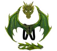 Licsaliwe Disfraz de Halloween de dragón para niños, juego de 3 piezas con cubierta para la cara, cola roja, accesorios para fotos de Cosplay (verde)