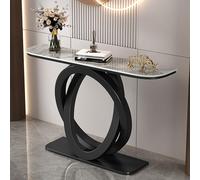 LIDANGUH Mesa Consola de Acento Media Luna Moderna, Mesas de sofá estrechas de Lujo para Entrada, Base metálica Doble Circular, Encimera de Piedra Resistente a rayaduras(Black B,100cm/39.4in)