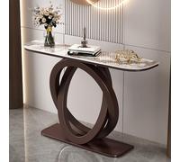 LIDANGUH Mesa Consola de Acento Media Luna Moderna, Mesas de sofá estrechas de Lujo para Entrada, Base metálica Doble Circular, Encimera de Piedra Resistente a rayaduras(Bronze A,100cm/39.4in)