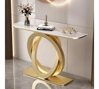 LIDANGUH Mesa Consola de Acento Media Luna Moderna, Mesas de sofá estrechas de Lujo para Entrada, Base metálica Doble Circular, Encimera de Piedra Resistente a rayaduras(Gold C,100cm/39.4in)