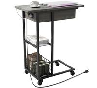 LIDYUK - Mesa auxiliar en forma de C con estación de carga, mesa auxiliar plegable con puertos y enchufes USB, mesa de centro C con estante para salón, dormitorio, gris