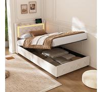 LieABak Cama con somier, 90 x 200 cm, con somier, tapizada, Cama Individual con Espacio de Almacenamiento, hidráulica con LED y USB, Cama Funcional con somier, Beis, Terciopelo (90 x 200 cm)