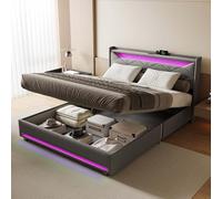 LieABak Cama con somier de 140 x 200 cm con espacio de almacenamiento, cama doble tapizada con LED y USB, cama de almacenamiento hidráulico con cajón, cama juvenil con somier, lino, gris (140 x 200 cm