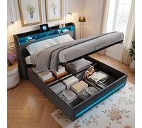 LieABak Cama con somier de 160 x 200 cm con cabecero de Almacenamiento, Cama Doble tapizada con somier, Cama de Almacenamiento hidráulico con cajón, Estructura de Cama, Lino, Gris (160 x 200 cm)
