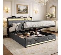 LieABak Cama con somier de 160 x 200 cm con cabecero de Almacenamiento, Cama Juvenil con LED y USB, Cama Doble tapizada con cajón, hidráulica, Cama Funcional con somier, Lino, Gris (160 x 200 cm)