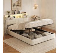 LieABak Cama con somier de 160 x 200 cm, con espacio de almacenamiento hidráulico y cajón, cama doble de terciopelo con cabecero multifuncional y 2 cajones, cama tapizada con somier, beige (beis, 160