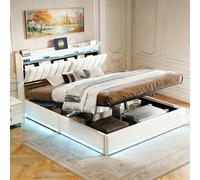 LieABak Cama Doble tapizada de 140 x 200 cm con cabecero de Almacenamiento, Cama de Almacenamiento hidráulico con cajón, Cama Juvenil con LED, somier de Cama con somier, Terciopelo