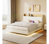 LieABak Cama flotante de 140 x 190 cm con cabecero de almacenamiento, cama doble tapizada con LED y USB, espacio de almacenamiento, cama para adultos, cama juvenil con somier, PU, blanco, sin colchón