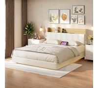 LieABak Cama flotante de 140 x 200 cm con cabecero de almacenamiento, cama doble tapizada con LED y USB, espacio de almacenamiento, cama para adultos, cama juvenil con somier, PU, blanco, sin colchón