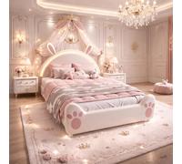 LieABak Cama infantil de 140 x 200 cm con cabecero LED, cama acolchada para niños con diseño de conejo, cama individual para niñas, cama de princesa, con somier, terciopelo, rosa y blanco, sin colchón