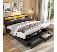 LieABak Cama tapizada de 140 x 190 cm con cabecero de almacenamiento, cama de almacenamiento hidráulico con cajones, cama doble juvenil con LED y USB, marco de cama con somier, gris, lino (140 x 190