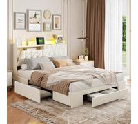 LieABak Cama tapizada de 140 x 200 cm con 3 cajones, cama doble con espacio de almacenamiento, cabecero con LED y USB, cama funcional con somier, terciopelo, beige (140 x 200 cm)