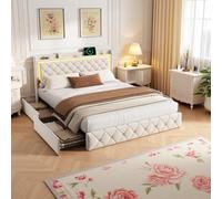 LieABak Cama tapizada de 140 x 200 cm con 4 cajones, cama doble con espacio de almacenamiento, cama con cajones con somier, cama juvenil, cama funcional de cama, beige, terciopelo (140 x 200 cm)
