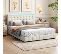 LieABak Cama tapizada de 140 x 200 cm con cabecero ajustable, cama doble con LED, cama flotante tapizada con USB, cama juvenil funcional con somier, lino (beis, 140 x 200 cm)