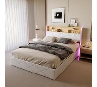 LieABak Cama tapizada de 140 x 200 cm con espacio de almacenamiento, cabecero de cama doble con LED y USB, cama de almacenamiento hidráulico con cajón, cama funcional con somier, poliuretano (blanco