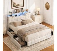 LieABak Cama tapizada de 140 x 200 cm con espacio de almacenamiento, cabecero y 6 cajones, cama doble con somier, espacio de almacenamiento, cama juvenil, cama funcional, terciopelo, beige, sin
