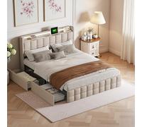 LieABak Cama tapizada de 140 x 200 cm con espacio de almacenamiento, cama de almacenamiento con cabecero LED, cama doble con 4 cajones, cama juvenil, cama funcional con somier, lino, sin colchón (beis
