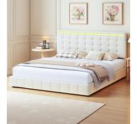 LieABak Cama tapizada de 160 x 200 cm con cabecero ajustable, cama doble con LED, cama flotante tapizada con USB, cama juvenil funcional con somier, lino (beis, 160 x 200 cm)