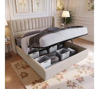 LieABak Cama tapizada de 160 x 200 cm con espacio de almacenamiento, cama doble con somier, cama de almacenamiento hidráulico con cajón, estructura de cama, lino, beis, sin colchón (160 x 200 cm)
