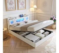 LieABak Cama tapizada de 160 x 200 cm con Espacio de Almacenamiento, Cama Doble con somier, Cama de Matrimonio con somier, Cama Doble con somier, Cama de Poliuretano (Blanco, 160 x 200 cm)