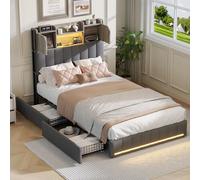 LieABak Cama tapizada de 90 x 200 cm con cabecero de Almacenamiento, Cama Individual con 4 cajones, Cama Juvenil con LED y USB, Cama Funcional con somier, Gris, Lino (90 x 200 cm)