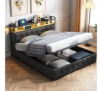 LieABak Cama tapizada de Cama Doble de 140 x 190 cm con cabecero de Almacenamiento, Cama con somier hidráulico con somier, Cama Funcional con Respaldo, Poliuretano (Negro, 140 x 190 cm)