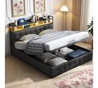 LieABak Cama tapizada de Cama Doble de 140 x 200 cm con cabecero de Almacenamiento, Cama con somier hidráulico con somier, Cama Funcional con Respaldo, Poliuretano (Negro, 140 x 200 cm)