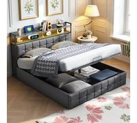 LieABak Cama tapizada de Cama Doble de 160 x 200 cm con cabecero de Almacenamiento, Cama con somier hidráulico con somier, Cama Funcional con Respaldo, Lino (Gris, 160 x 200 cm)