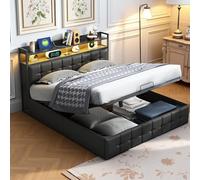 LieABak Cama tapizada de Cama Doble de 160 x 200 cm con cabecero de Almacenamiento, Cama con somier hidráulico con somier, Cama Funcional con Respaldo, Poliuretano (Negro, 160 x 200 cm)
