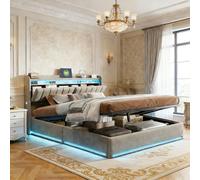 LieABak Cama tapizada para cama doble de 140 x 190 cm con cabecero de almacenamiento, cama de almacenamiento hidráulico con cajón, cama juvenil con LED y USB, somier, estructura de cama con somier