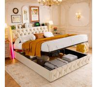 LieABak Cama tapizada para Cama Doble de 140 x 200 cm con cabecero de Almacenamiento, Cama de Almacenamiento hidráulico con cajón, Cama Juvenil con LED y USB, somier, Marco de Cama con somier