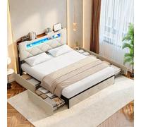 LieABak Cama tapizada para cama doble de 140 x 200 cm, con espacio de almacenamiento, cama con 4 cajones, cama juvenil con LED y USB, cama para dormitorio, cama tapizada con somier, terciopelo (beis