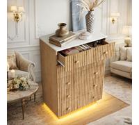 LieABak Cómoda con LED, armario con 5 cajones, aparador estrecho para dormitorio, salón, pasillo, muebles, 73 x 40 x 111 cm, color madera natural