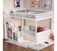 LieABak Litera para niños de 140 x 200 cm para 2 - 4 niños, cama alta con protección contra caídas, cama de casa con escalera y espacio de almacenamiento, cama alta juvenil de madera con somier, color