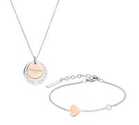 LIEBESKIND Juego de joyas Berlin - Collar con dos monedas y pulsera con colgante de corazón - Bicolor plata/IP oro rosa - Cadena de eslabones ajustable hasta 45 cm - Resistente al agua y agradable