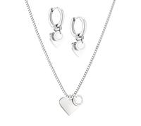 LIEBESKIND Juego de joyas Berlin - Pendientes de aro con colgante de corazón y plaquetas y collar a juego - Plata - Cadena veneciana ajustable hasta 45 cm - Resistente al agua & hipoalergénica