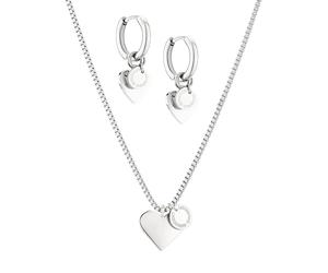LIEBESKIND Juego de joyas Berlin - Pendientes de aro con colgante de corazón y plaquetas y collar a juego - Plata - Cadena veneciana ajustable hasta 45 cm - Resistente al agua & hipoalergénica