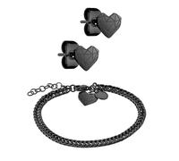 LIEBESKIND Juego de joyas Berlin - Pulsera de filigrana con pendientes de corazón brocado - IP negro - Cadena barbada ajustable hasta 21 cm - resistente al agua y agradable para la piel
