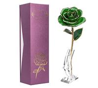 LiebeWH Forever Green Rose Flower Rosa Sumergida Chapada en Oro de 24k con Decoraciones Artesanales de Hoja y Base