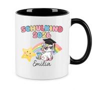 LIEBTASTISCH® Taza personalizada con texto en alemán "Schulkind 2026" - con nombre personalizado para escolarización, unicornio, arco iris, taza de café para comienzo del colegio - cuaderno de