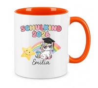 LIEBTASTISCH® Taza personalizada con texto en alemán "Schulkind 2026" - con nombre personalizado para escolarización, unicornio, arco iris, taza de café para comienzo del colegio - cuaderno de