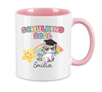LIEBTASTISCH® Taza personalizada con texto en alemán "Schulkind 2026" - con nombre personalizado para escolarización, unicornio, arco iris, taza de café para comienzo del colegio - cuaderno de