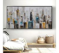 Lienzo Abstracto Arte de Pared Enmarcado - Pintura Abstracta Ciudad de Nueva York Panorama Arte de Pared Dorado y Blanco Mural Sala de Estar Decoración 70x142cm(28x56in) Con Marco