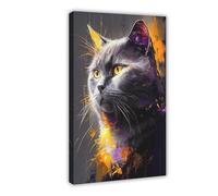 Lienzo abstracto colorido con graffiti de gato, pintura al óleo, póster para decoración de pared, pintura para sala de estar, dormitorio, 50 x 75 cm