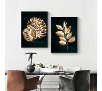 Lienzo abstracto con hojas de palmera tropicales doradas, póster artístico impreso, imágenes artísticas de pared negras, decoración para sala de estar y hogar (30 x 45 cm, 2 piezas sin marco)