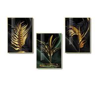 Lienzo abstracto de 3 piezas con diseño de hojas doradas, verdes y negras, para sala de estar, hogar, baño, arte de pared, póster de plantas, decoración, 40 x 60 cm (16 x 24 pulgadas) x 3 con marco