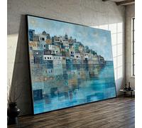 Lienzo abstracto de un pueblo costero, arte mural con reflejo del mar azul, lienzo de gran tamaño para decoración moderna, obra de arte para el hogar y la sala de estar (30x40cm/marco interior)