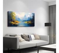 Lienzo abstracto grande enmarcado para pared, paisaje sereno de arroyo de montaña en tonos azules y amarillos, perfecto para la sala de estar (80 x 130 cm)