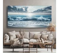 Lienzo abstracto moderno con diseño de océano, olas, pájaros, paisaje marino, para sala de estar, dormitorio, oficina (20 x 45 cm/8 x 18 pulgadas)