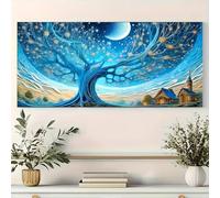 Lienzo artístico de gran tamaño con cielo estrellado - Paisaje invernal con luna y estrellas en azul y morado para decoración de pared de sala de estar (30 x 60 cm/sin marco)